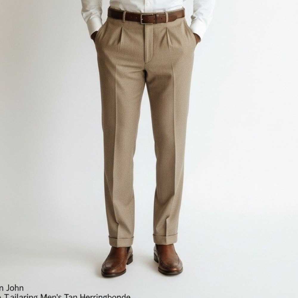 Sean John Fine Tailoring Mens Tan Herringbone Pleated Dress Pants 38x32 Cuffed‎